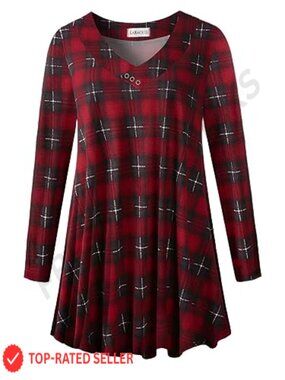 Womens Plus Size Plaid Tunic Top Long Sleeve V Neck Flowy Shirt